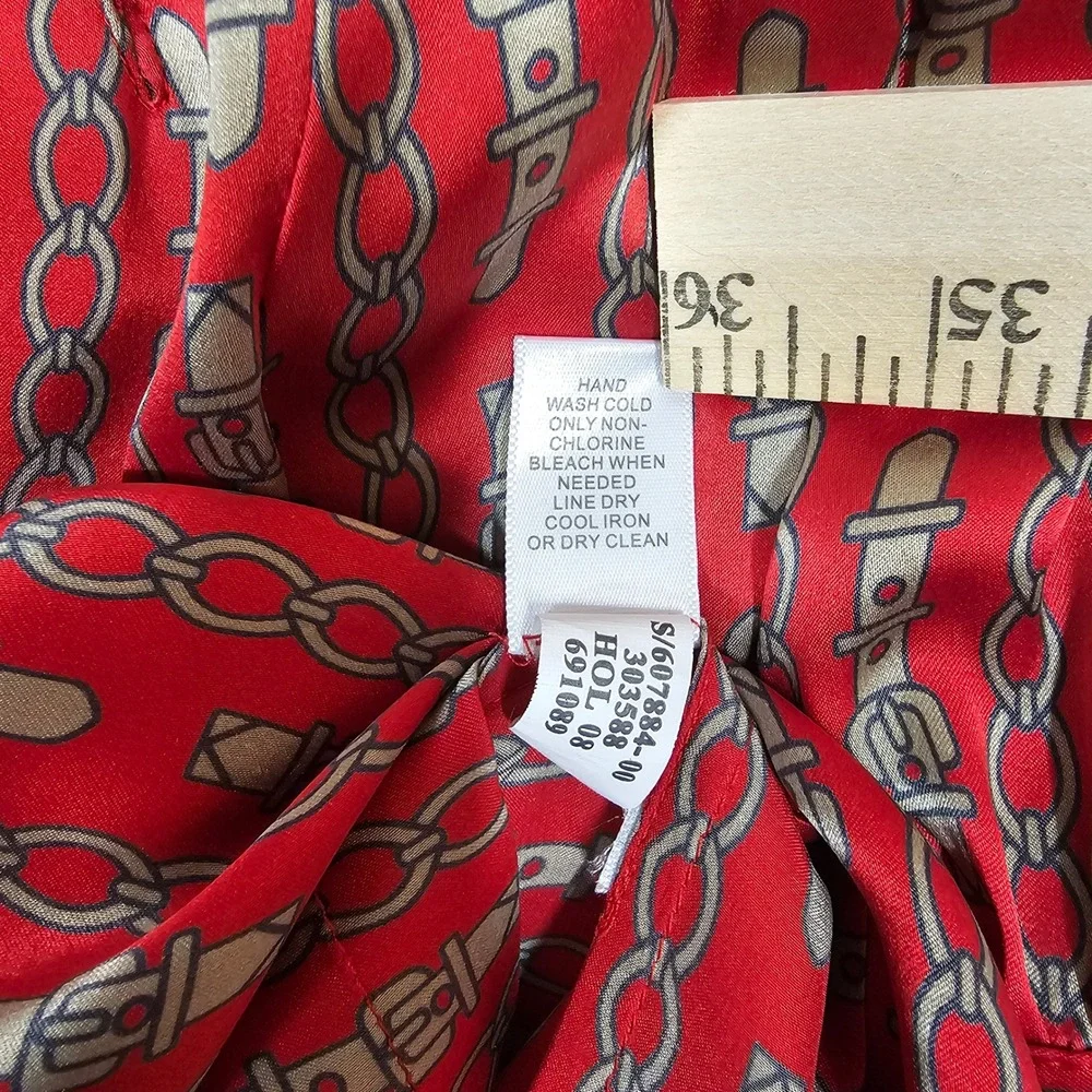 Banana Republic Red Silk Equestrian Chain Print Tie Neck Blouse Petite S